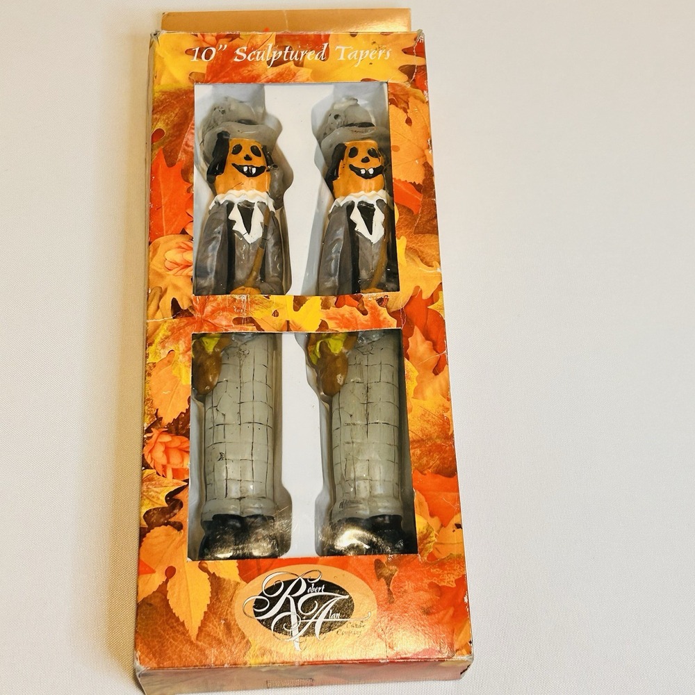 Robert Alan Halloween Pumpkin Scarecrow 10" Sculptured Taper Candles Vintage 2pk